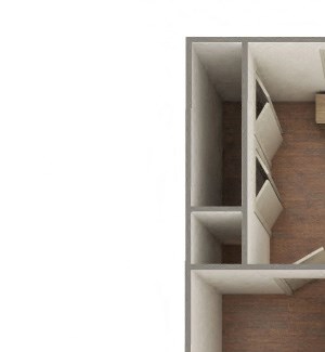 2 Bedroom 1 Bathroom B2 Upstairs-Furnished 3D Floorplan 2 Bedroom 1 Bathroom B2 Style-Furnished 3D Floorplan-The Lofts at Southside, Durham, NC
